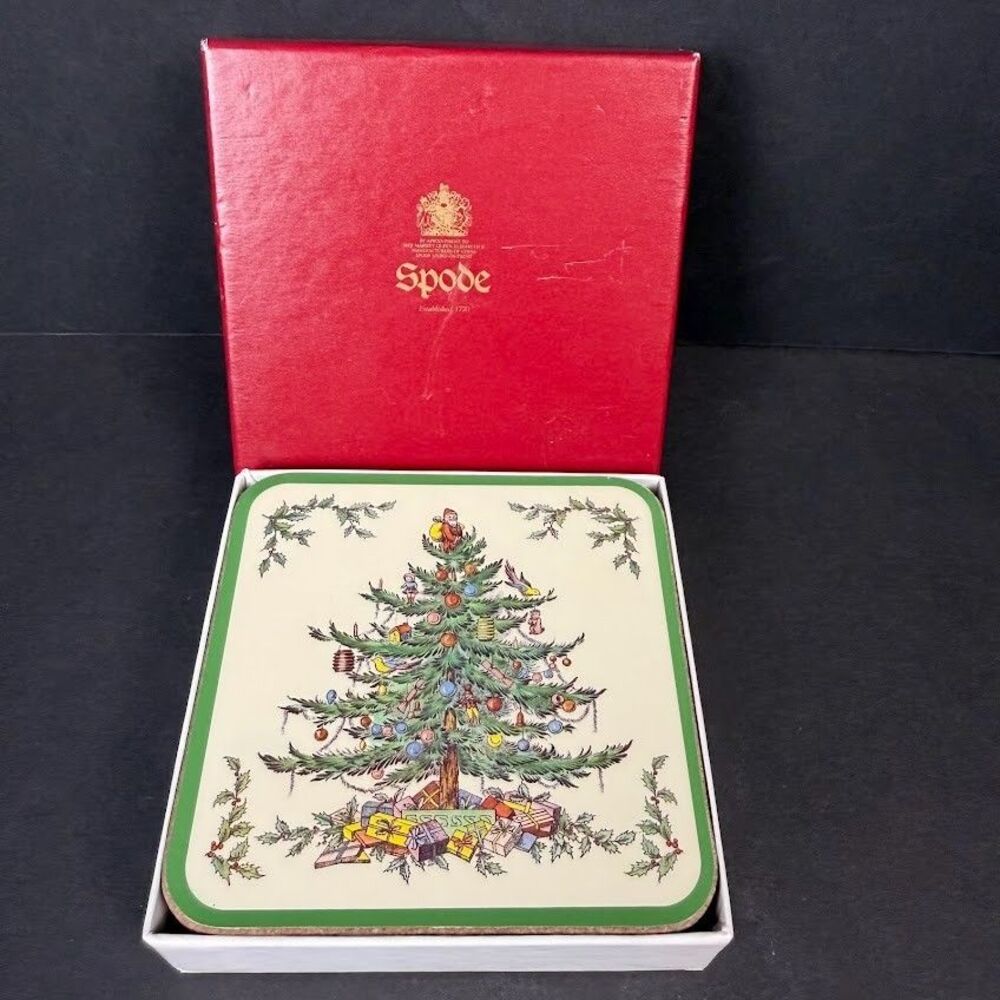 Set of 6 Spode Christmas Tree Cork/Acrylic Finish 4.25 in Coasters, Made England